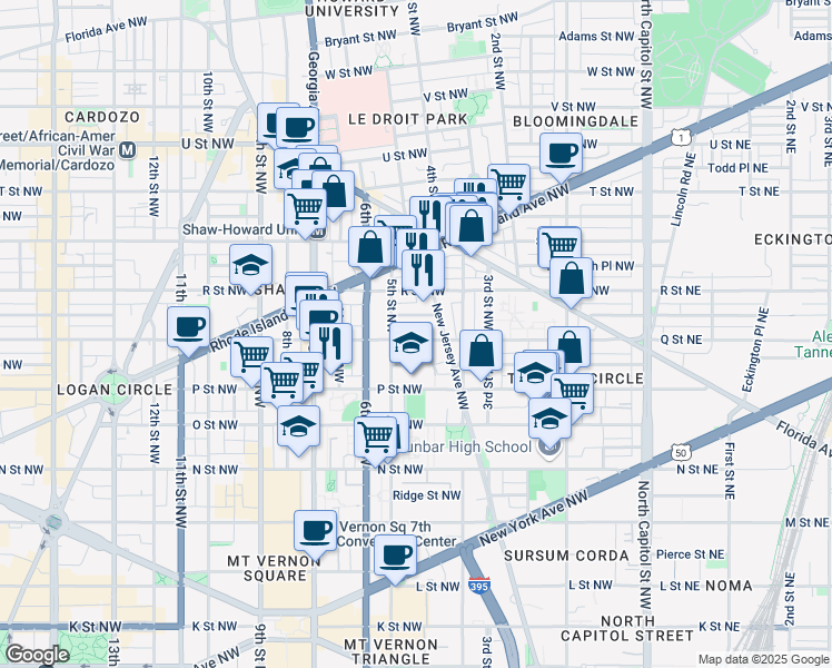 map of restaurants, bars, coffee shops, grocery stores, and more near 431 Q Street Northwest in Washington