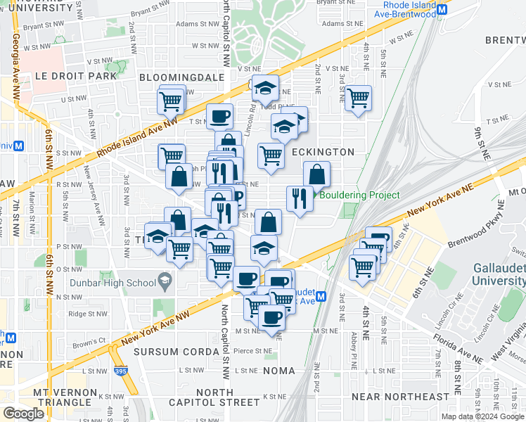 map of restaurants, bars, coffee shops, grocery stores, and more near 58 Q Street Northeast in Washington