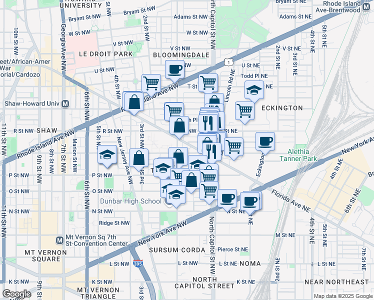 map of restaurants, bars, coffee shops, grocery stores, and more near 27 Q Street Northwest in Washington