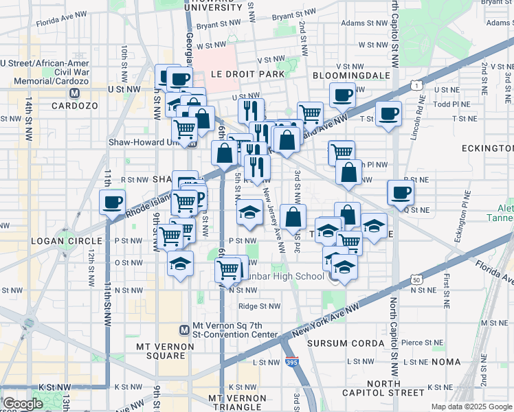 map of restaurants, bars, coffee shops, grocery stores, and more near 421 Q Street Northwest in Washington