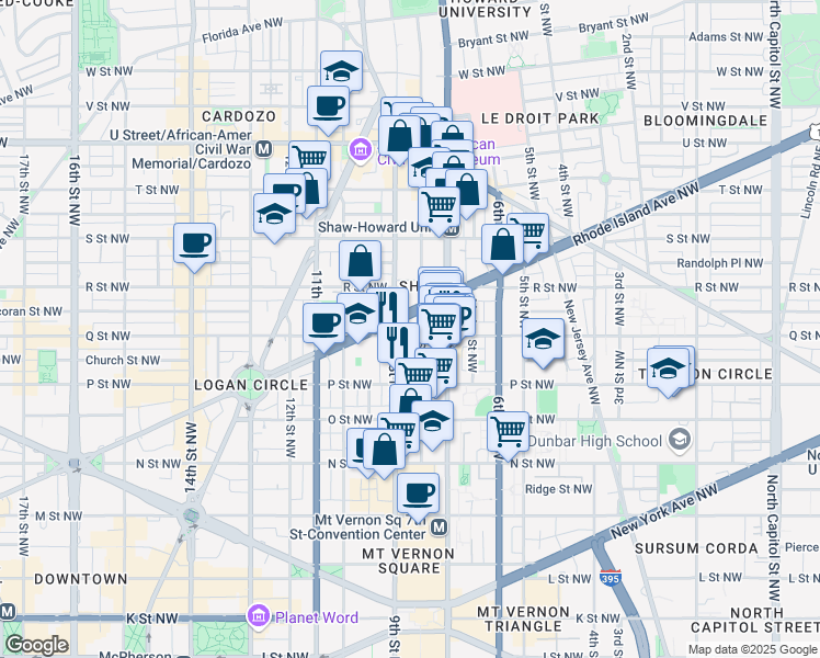 map of restaurants, bars, coffee shops, grocery stores, and more near 811 Q Street Northwest in Washington