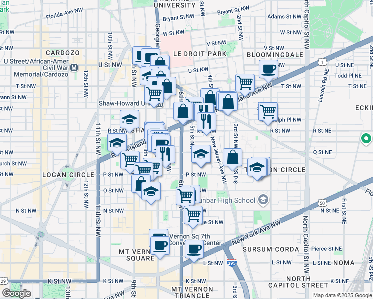 map of restaurants, bars, coffee shops, grocery stores, and more near 515 Q Street Northwest in Washington