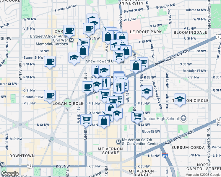 map of restaurants, bars, coffee shops, grocery stores, and more near 811 Q Street Northwest in Washington