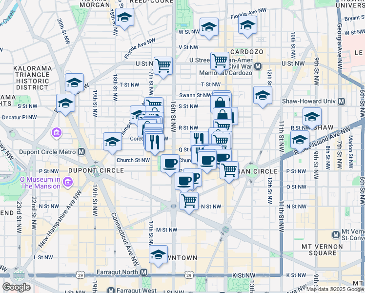 map of restaurants, bars, coffee shops, grocery stores, and more near 1529 Q Street Northwest in Washington