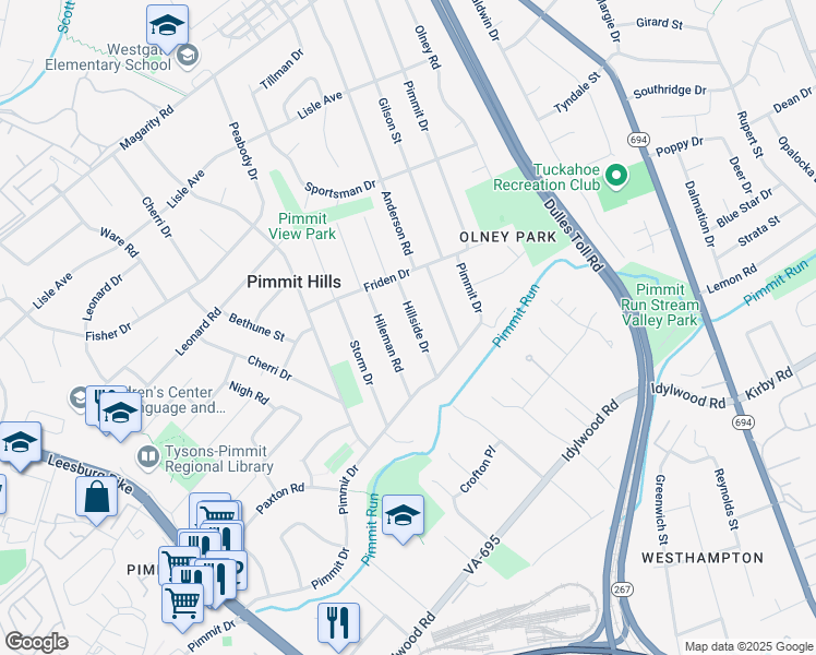 map of restaurants, bars, coffee shops, grocery stores, and more near 1932 Hillside Drive in Falls Church
