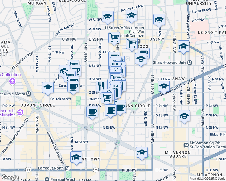 map of restaurants, bars, coffee shops, grocery stores, and more near 1413 Q Street Northwest in Washington