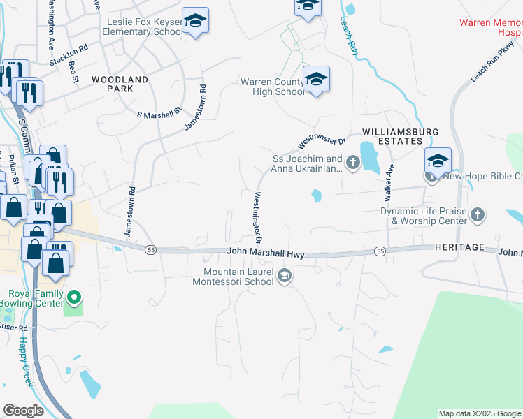 map of restaurants, bars, coffee shops, grocery stores, and more near 42 Westminster Drive in Front Royal