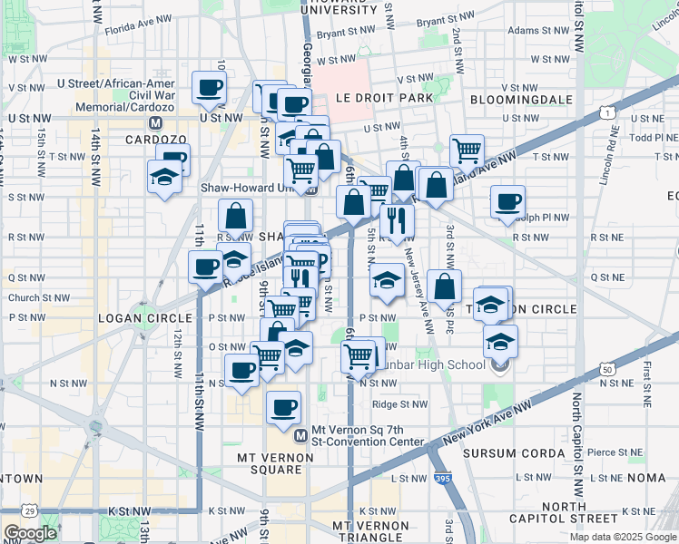 map of restaurants, bars, coffee shops, grocery stores, and more near 609 Q Street Northwest in Washington