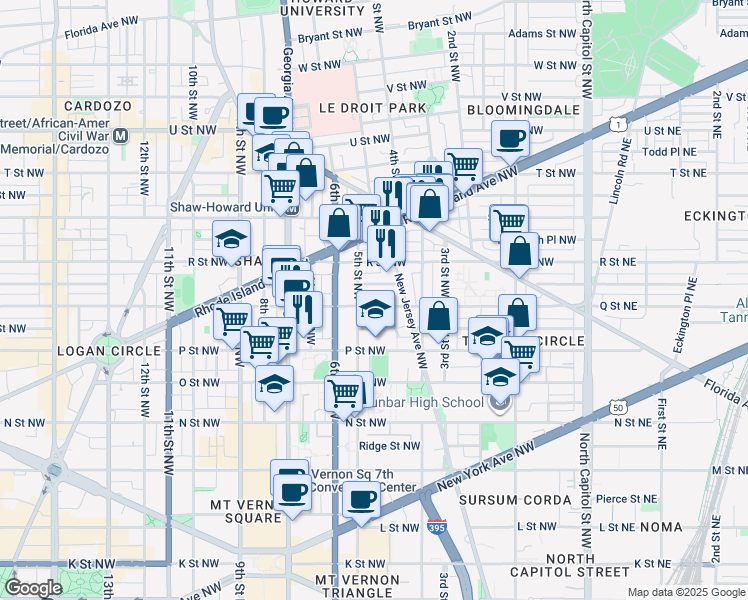 map of restaurants, bars, coffee shops, grocery stores, and more near 441 Q Street Northwest in Washington