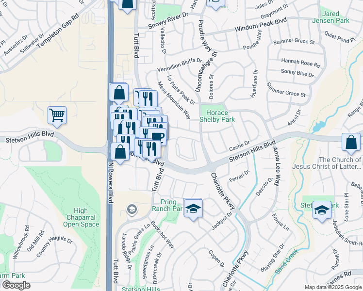 map of restaurants, bars, coffee shops, grocery stores, and more near 6040 Prairie Hills View in Colorado Springs