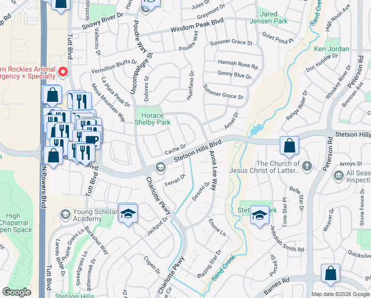 map of restaurants, bars, coffee shops, grocery stores, and more near 6537 Cache Drive in Colorado Springs