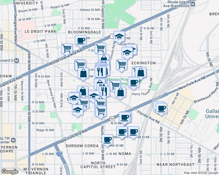 map of restaurants, bars, coffee shops, grocery stores, and more near 101 Independence Avenue Southeast in Washington