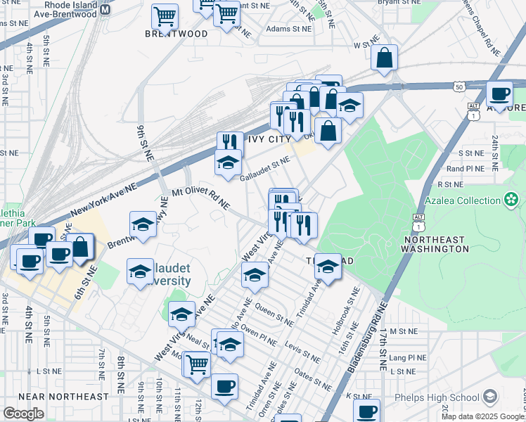 map of restaurants, bars, coffee shops, grocery stores, and more near 1800 Kendall Street Northeast in Washington