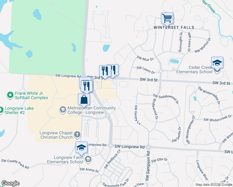 map of restaurants, bars, coffee shops, grocery stores, and more near Southwest Kessler Drive in Lee's Summit