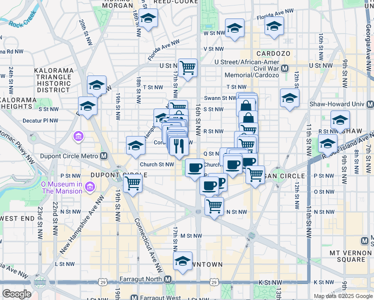 map of restaurants, bars, coffee shops, grocery stores, and more near 1615 Q Street Northwest in Washington