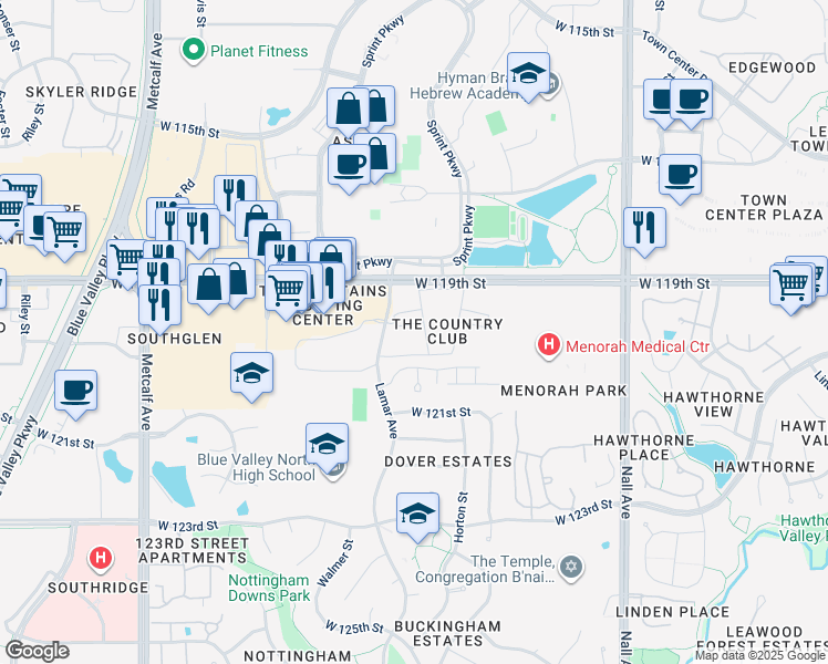 map of restaurants, bars, coffee shops, grocery stores, and more near 11909 Lamar Avenue in Overland Park