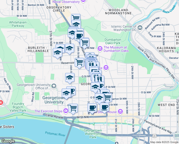 map of restaurants, bars, coffee shops, grocery stores, and more near 1625 33rd Street Northwest in Washington