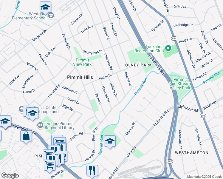 map of restaurants, bars, coffee shops, grocery stores, and more near 1932 Hillside Drive in Falls Church