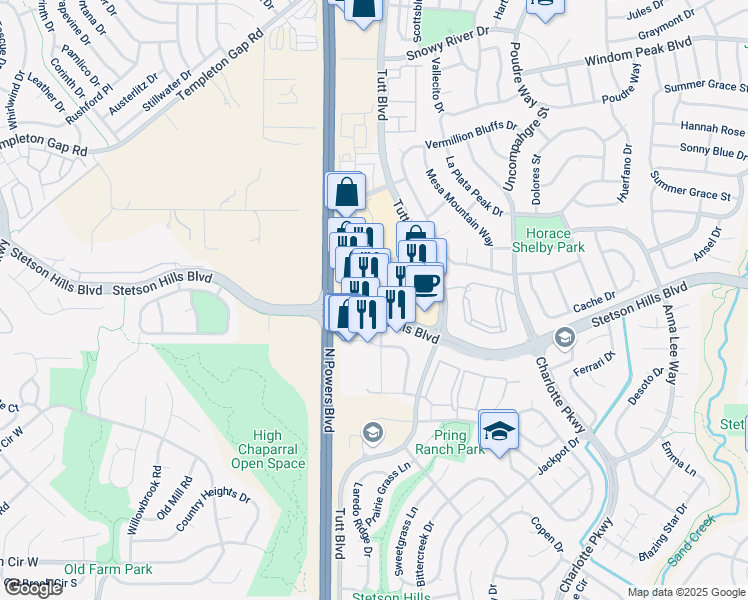 map of restaurants, bars, coffee shops, grocery stores, and more near 5830 Stetson Hills Boulevard in Colorado Springs