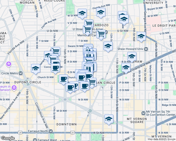 map of restaurants, bars, coffee shops, grocery stores, and more near 1401 Q Street Northwest in Washington