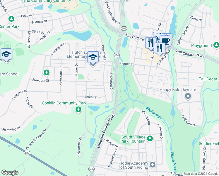 map of restaurants, bars, coffee shops, grocery stores, and more near 25501 Beresford Drive in Chantilly