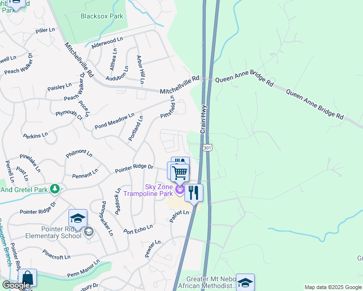map of restaurants, bars, coffee shops, grocery stores, and more near 16326 Fife Way in Bowie