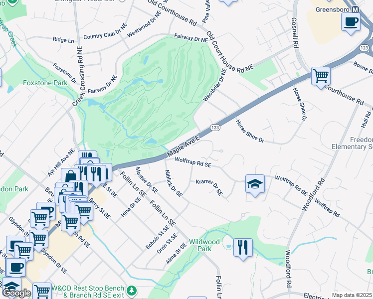 map of restaurants, bars, coffee shops, grocery stores, and more near 2221 Chain Bridge Road in Vienna