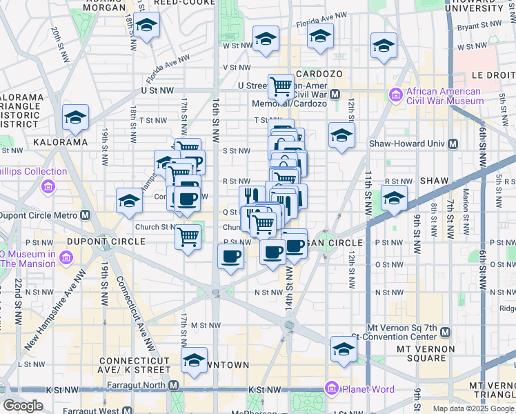 map of restaurants, bars, coffee shops, grocery stores, and more near 1445 Q Street Northwest in Washington