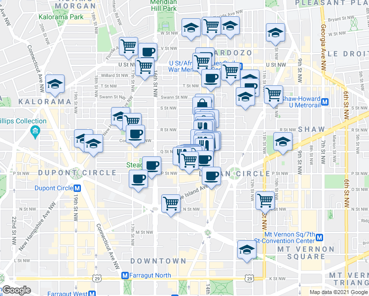 map of restaurants, bars, coffee shops, grocery stores, and more near 1447 Q Street Northwest in Washington
