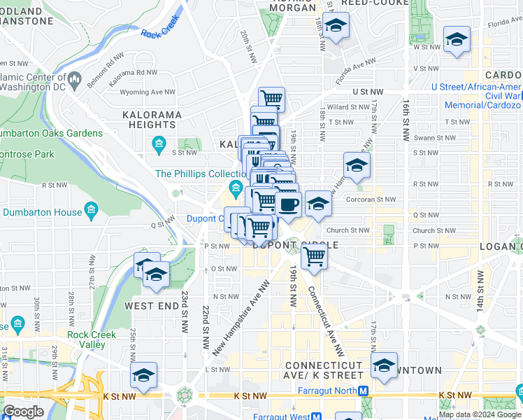 map of restaurants, bars, coffee shops, grocery stores, and more near 2009 Q Street Northwest in Washington