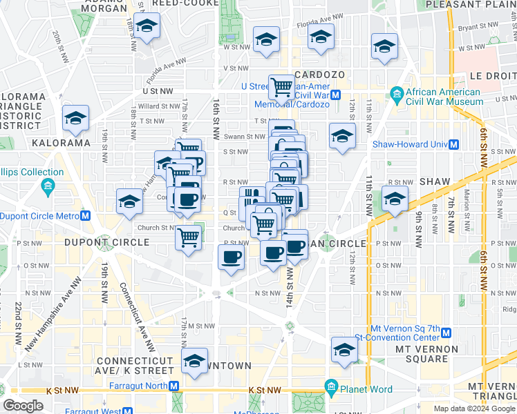 map of restaurants, bars, coffee shops, grocery stores, and more near 1445 Q Street Northwest in Washington
