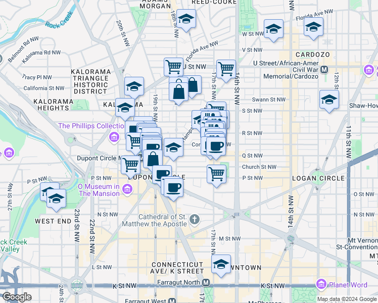 map of restaurants, bars, coffee shops, grocery stores, and more near 1757 Q Street Northwest in Washington
