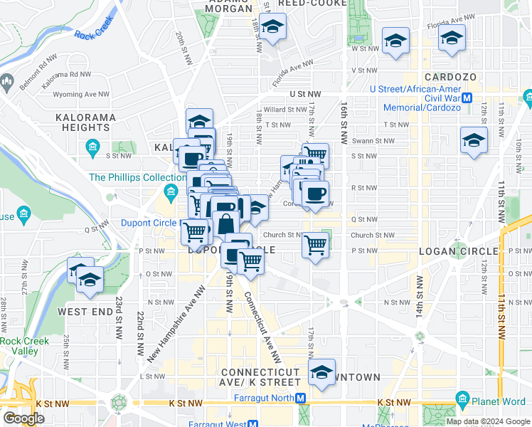 map of restaurants, bars, coffee shops, grocery stores, and more near 1601 18th Street Northwest in Washington