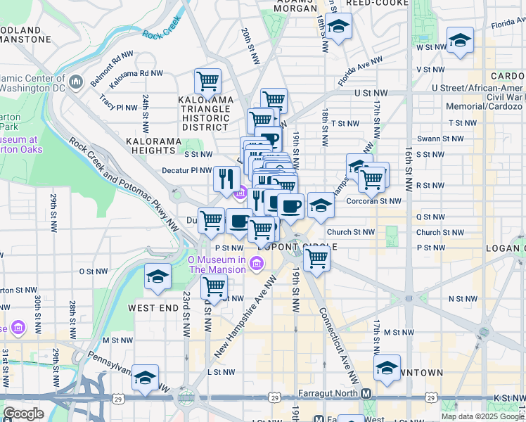 map of restaurants, bars, coffee shops, grocery stores, and more near 2009 Q Street Northwest in Washington
