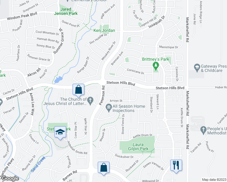 map of restaurants, bars, coffee shops, grocery stores, and more near 5424 Thresher Lane in Colorado Springs