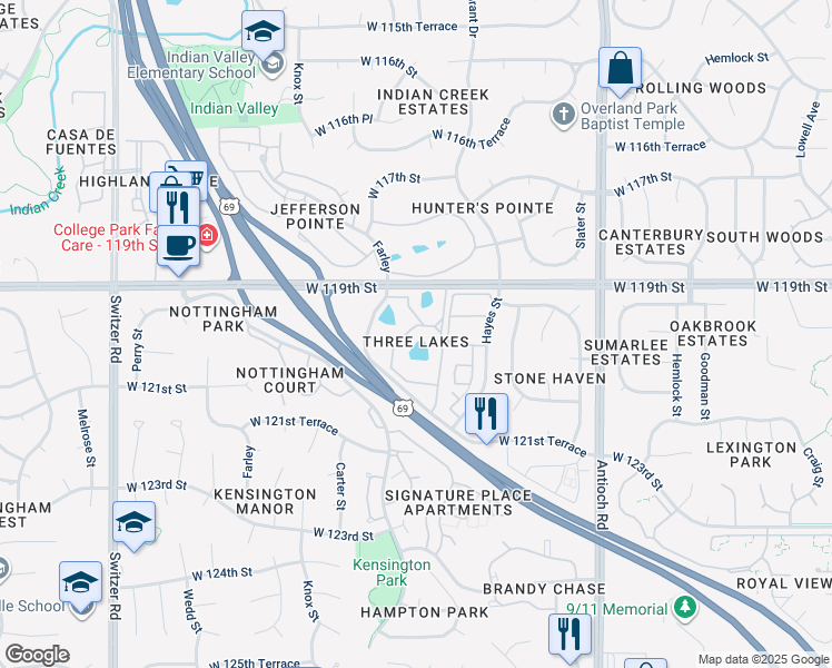 map of restaurants, bars, coffee shops, grocery stores, and more near 12001 Willow Lane in Overland Park