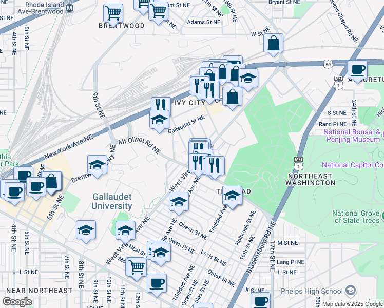 map of restaurants, bars, coffee shops, grocery stores, and more near 101 Independence Avenue Southeast in Washington