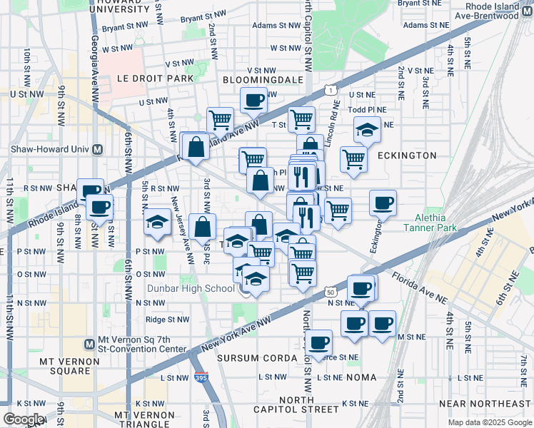 map of restaurants, bars, coffee shops, grocery stores, and more near 101 Independence Avenue Southeast in Washington