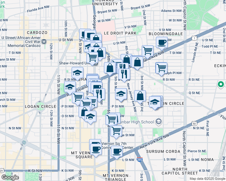 map of restaurants, bars, coffee shops, grocery stores, and more near 509 Q Street Northwest in Washington