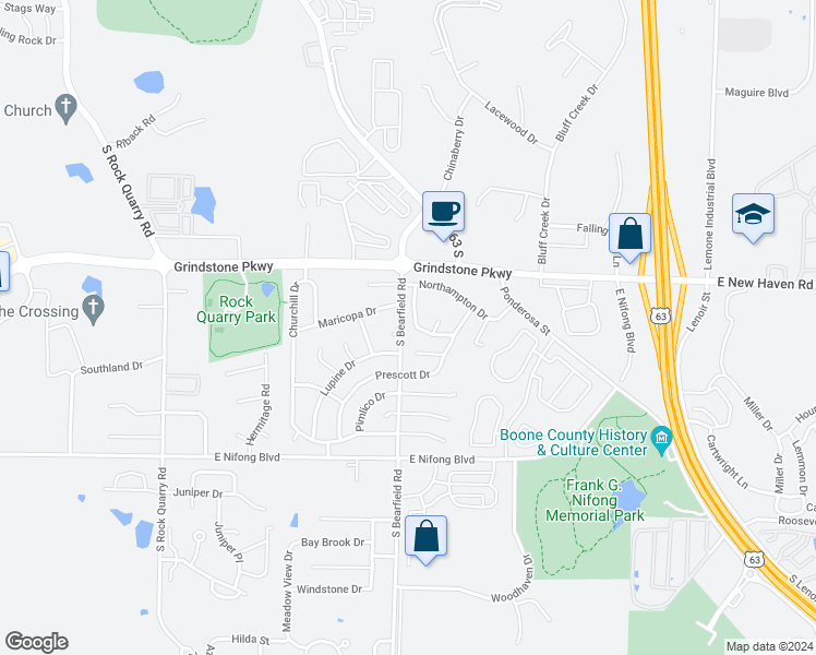 map of restaurants, bars, coffee shops, grocery stores, and more near 2305 Solano Court in Columbia