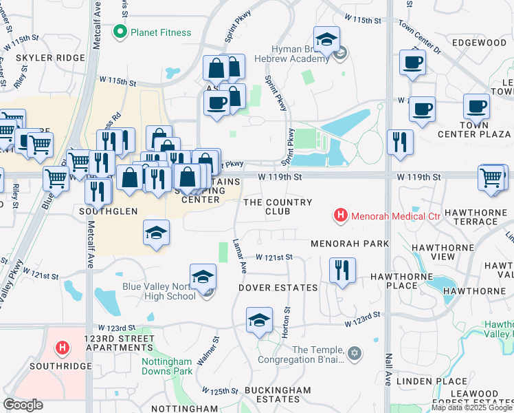 map of restaurants, bars, coffee shops, grocery stores, and more near 11909 Lamar Avenue in Leawood
