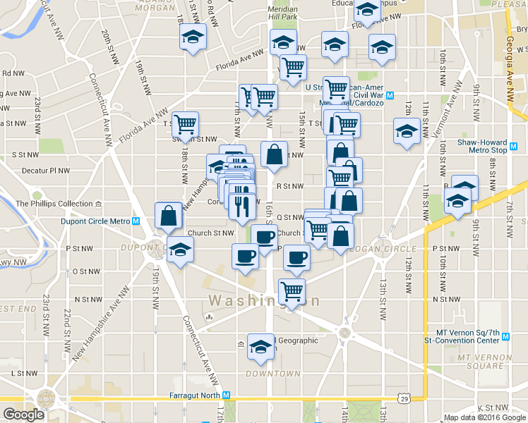 map of restaurants, bars, coffee shops, grocery stores, and more near 1600 16th Street Northwest in Washington
