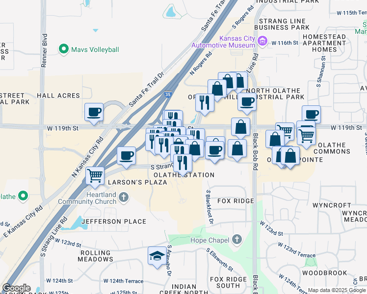 map of restaurants, bars, coffee shops, grocery stores, and more near 11960 South Strang Line Road in Olathe