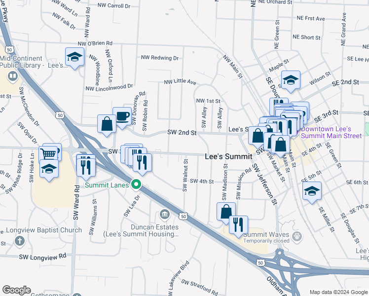 map of restaurants, bars, coffee shops, grocery stores, and more near 504 Southwest 3rd Street in Lee's Summit