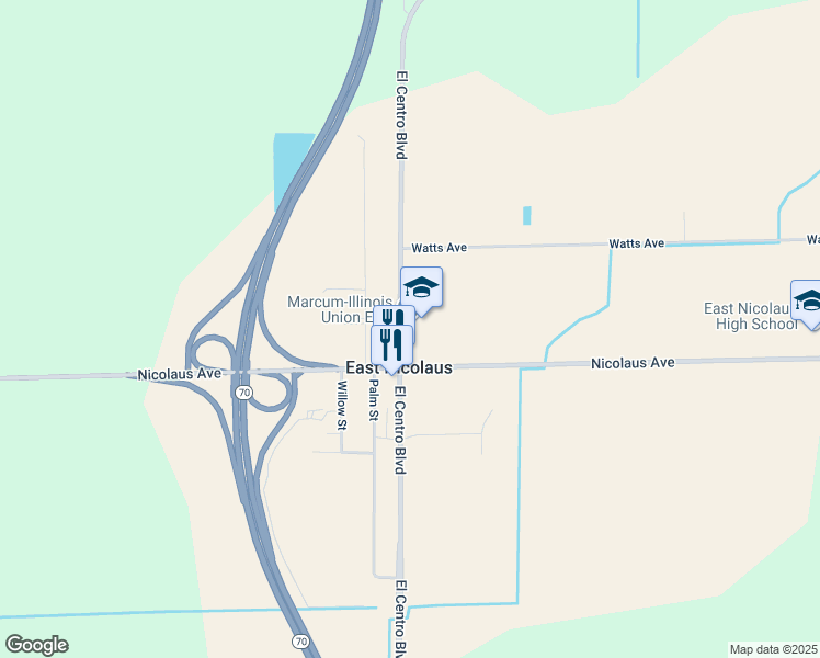 map of restaurants, bars, coffee shops, grocery stores, and more near 2452 El Centro Boulevard in Nicolaus