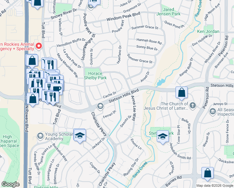 map of restaurants, bars, coffee shops, grocery stores, and more near 6537 Cache Drive in Colorado Springs