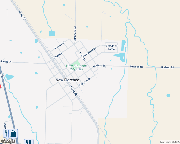 map of restaurants, bars, coffee shops, grocery stores, and more near 201 South 4th Street in New Florence