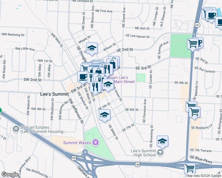 map of restaurants, bars, coffee shops, grocery stores, and more near 400 Southeast Green Street in Lee's Summit