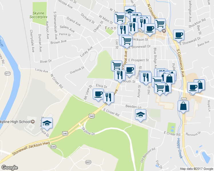 map of restaurants, bars, coffee shops, grocery stores, and more near 133 Elsia Drive in Front Royal