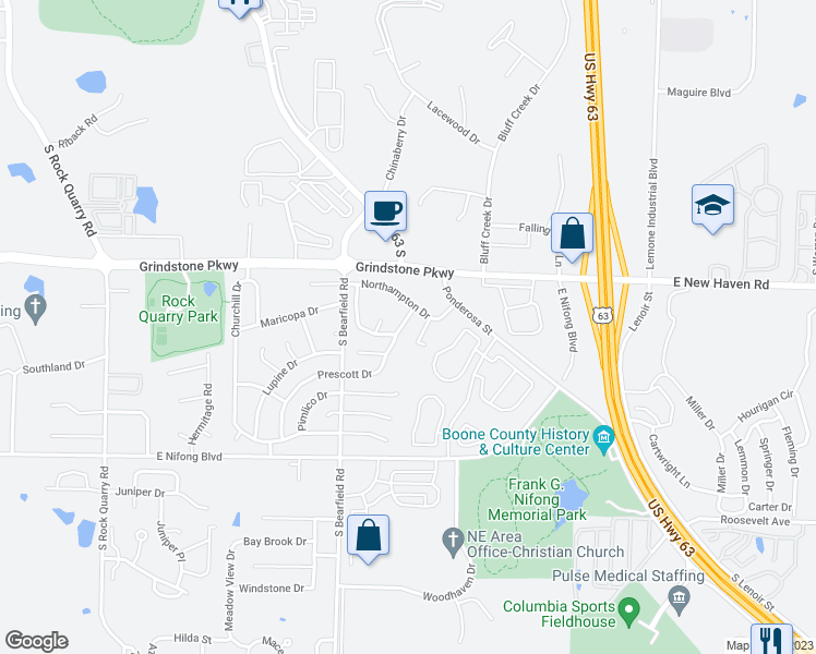 map of restaurants, bars, coffee shops, grocery stores, and more near 3526 Prescott Drive in Columbia